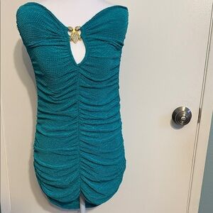 Strapless Teal Dress with Gold Accent